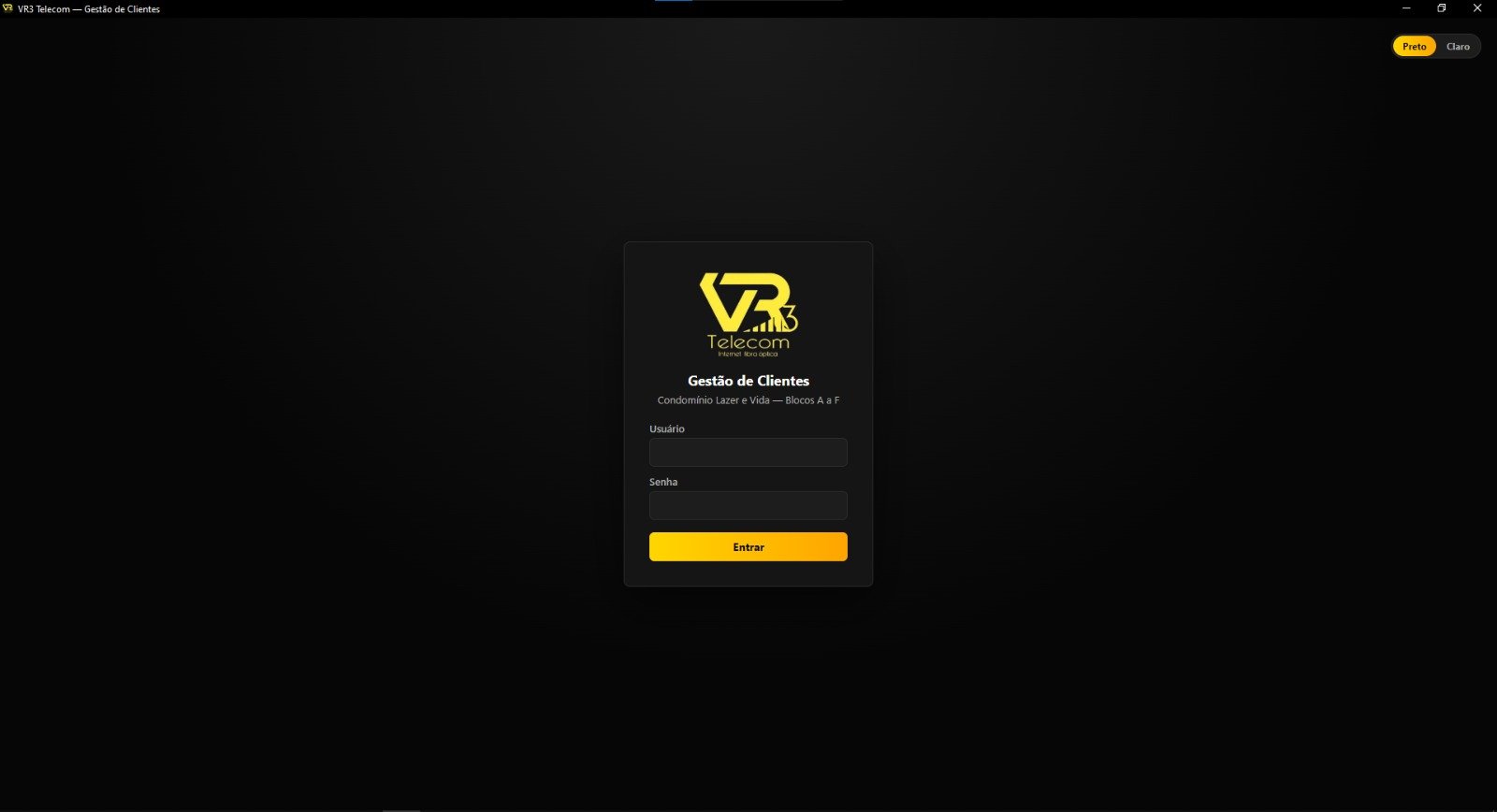 Captura de tela do projeto VR3 Telecom — Gestão de Clientes